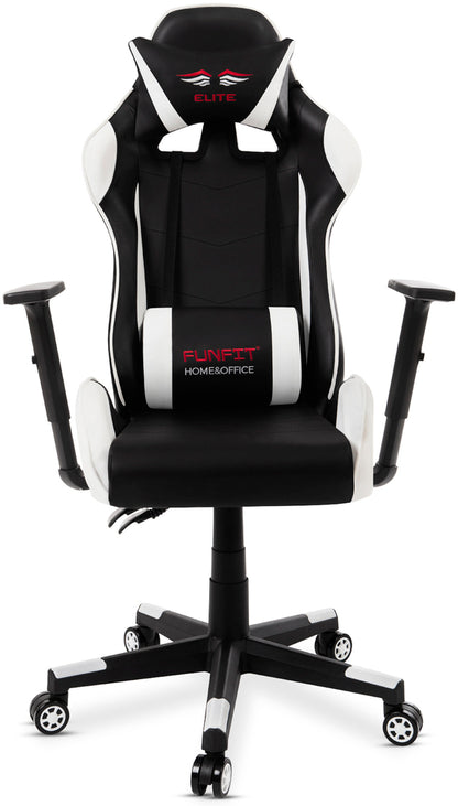 Scaun Gaming Reglabil cu mecanism TILT idealSTORE Elite COLLECTION, Asigura pozitia si confortul corect al corpului, Cotiere reglabile, Perne confortabile, Posibilitatea modificarii unghiului spatarului, Alb-Negru