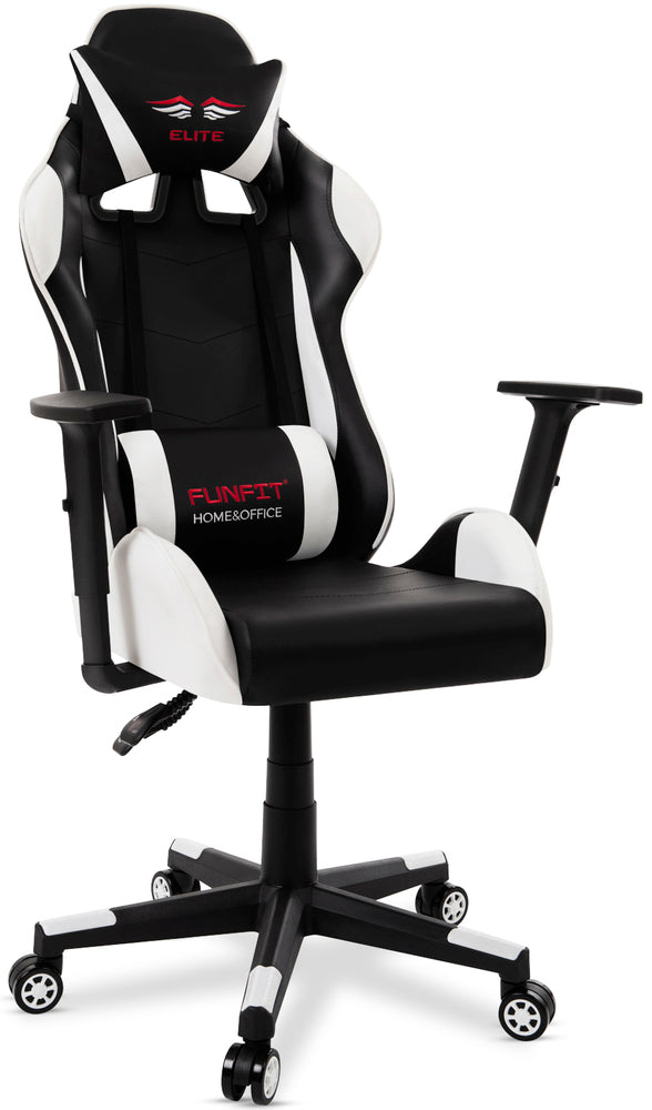 Scaun Gaming Reglabil cu mecanism TILT idealSTORE Elite COLLECTION, Asigura pozitia si confortul corect al corpului, Cotiere reglabile, Perne confortabile, Posibilitatea modificarii unghiului spatarului, Alb-Negru