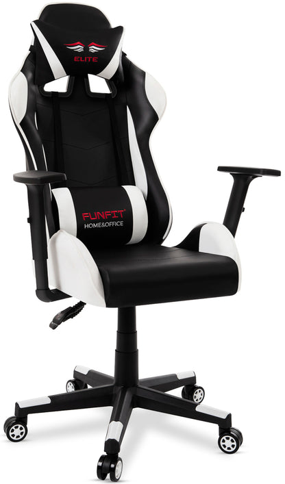 Scaun Gaming Reglabil cu mecanism TILT idealSTORE Elite COLLECTION, Asigura pozitia si confortul corect al corpului, Cotiere reglabile, Perne confortabile, Posibilitatea modificarii unghiului spatarului, Alb-Negru