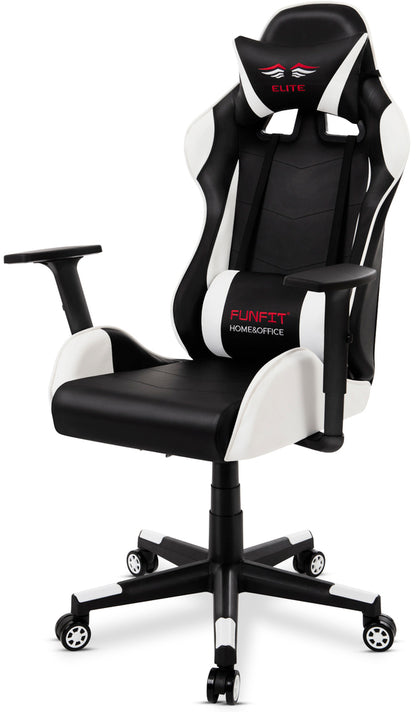 Scaun Gaming Reglabil cu mecanism TILT idealSTORE Elite COLLECTION, Asigura pozitia si confortul corect al corpului, Cotiere reglabile, Perne confortabile, Posibilitatea modificarii unghiului spatarului, Alb-Negru