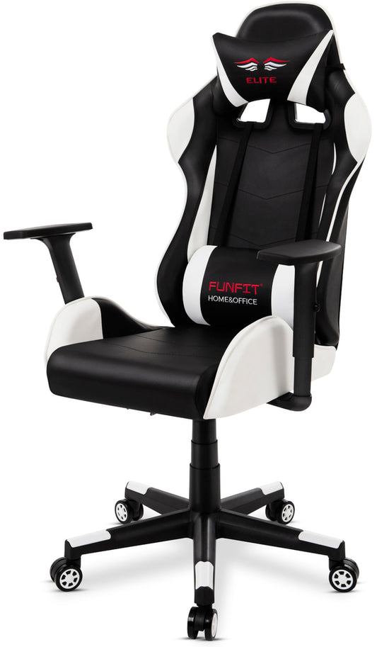 Scaun Gaming Reglabil cu mecanism TILT idealSTORE Elite COLLECTION, Asigura pozitia si confortul corect al corpului, Cotiere reglabile, Perne confortabile, Posibilitatea modificarii unghiului spatarului, Alb-Negru