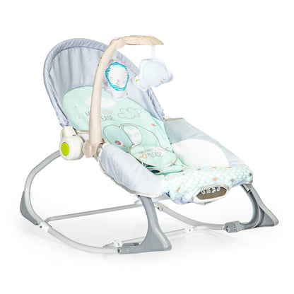 Balansoar Multifunctional 3 in 1 Little Elephant idealSTORE, Echipat cu o Saltea Moale, O Bara cu 2 Jucarii, Centuri de Siguranta in 3 Puncte, Panou cu Vivratii si Cantece pentru Adormit, Permite Blocarea Balansului, Husa Detasabila, 0-18 Kg