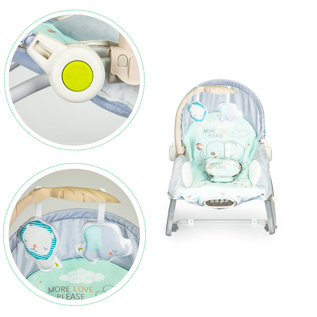 Balansoar Multifunctional 3 in 1 Little Elephant idealSTORE, Echipat cu o Saltea Moale, O Bara cu 2 Jucarii, Centuri de Siguranta in 3 Puncte, Panou cu Vivratii si Cantece pentru Adormit, Permite Blocarea Balansului, Husa Detasabila, 0-18 Kg