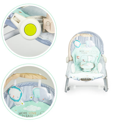 Balansoar Multifunctional 3 in 1 Little Elephant idealSTORE, Echipat cu o Saltea Moale, O Bara cu 2 Jucarii, Centuri de Siguranta in 3 Puncte, Panou cu Vivratii si Cantece pentru Adormit, Permite Blocarea Balansului, Husa Detasabila, 0-18 Kg
