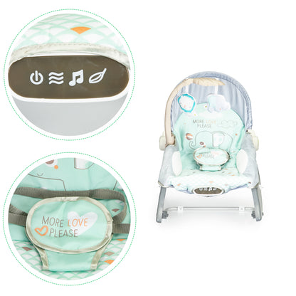 Balansoar Multifunctional 3 in 1 Little Elephant idealSTORE, Echipat cu o Saltea Moale, O Bara cu 2 Jucarii, Centuri de Siguranta in 3 Puncte, Panou cu Vivratii si Cantece pentru Adormit, Permite Blocarea Balansului, Husa Detasabila, 0-18 Kg
