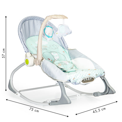 Balansoar Multifunctional 3 in 1 Little Elephant idealSTORE, Echipat cu o Saltea Moale, O Bara cu 2 Jucarii, Centuri de Siguranta in 3 Puncte, Panou cu Vivratii si Cantece pentru Adormit, Permite Blocarea Balansului, Husa Detasabila, 0-18 Kg