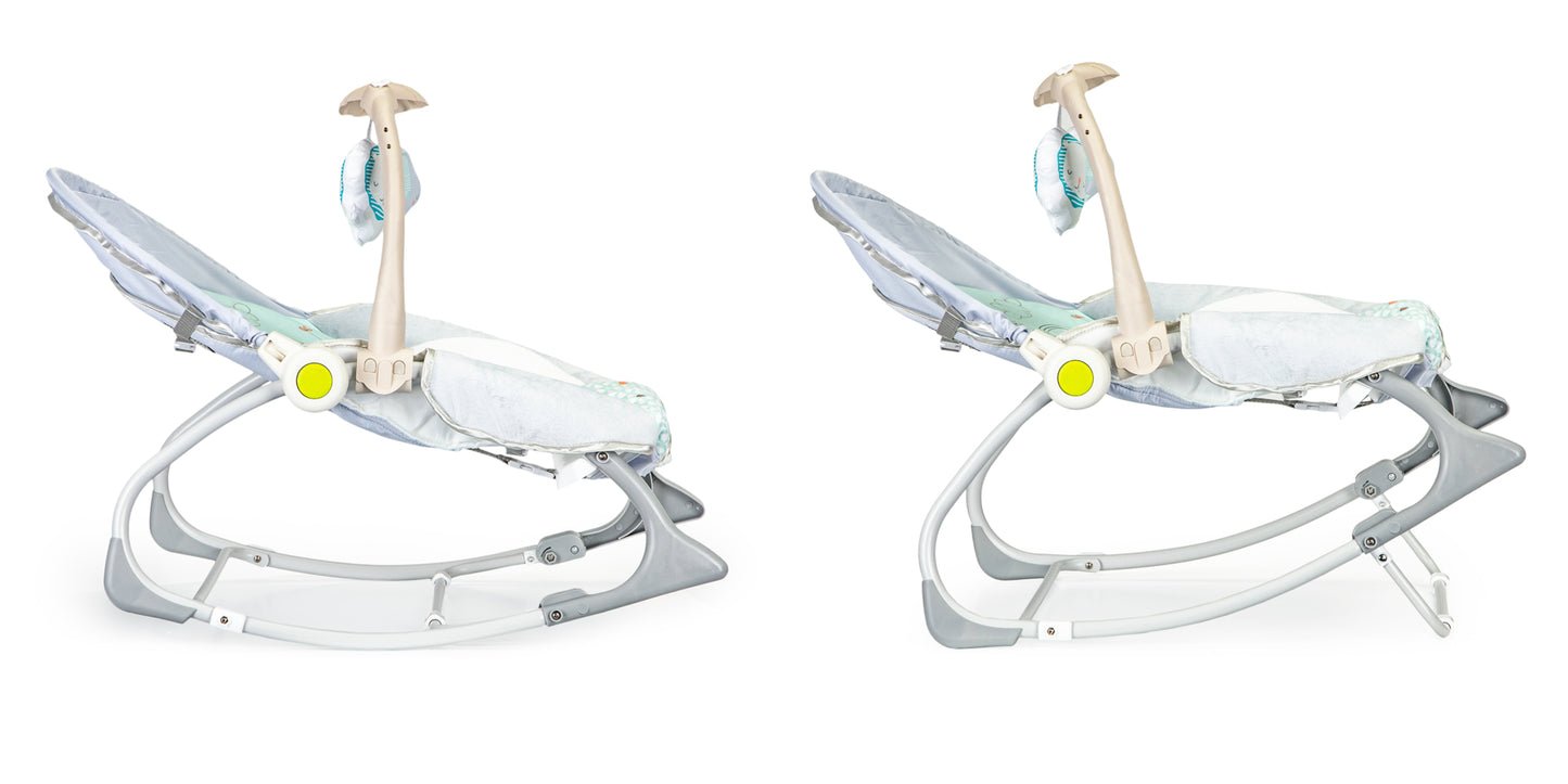 Balansoar Multifunctional 3 in 1 Little Elephant idealSTORE, Echipat cu o Saltea Moale, O Bara cu 2 Jucarii, Centuri de Siguranta in 3 Puncte, Panou cu Vivratii si Cantece pentru Adormit, Permite Blocarea Balansului, Husa Detasabila, 0-18 Kg