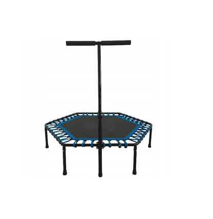 Trambulina Fitness idealStore pentru exercitii, Diametru 130 cm, Include maner antiderapant, Cadru otel armat, 7 Picioare, Sarcina max 120 Kg, Culoare Negru-Albastru