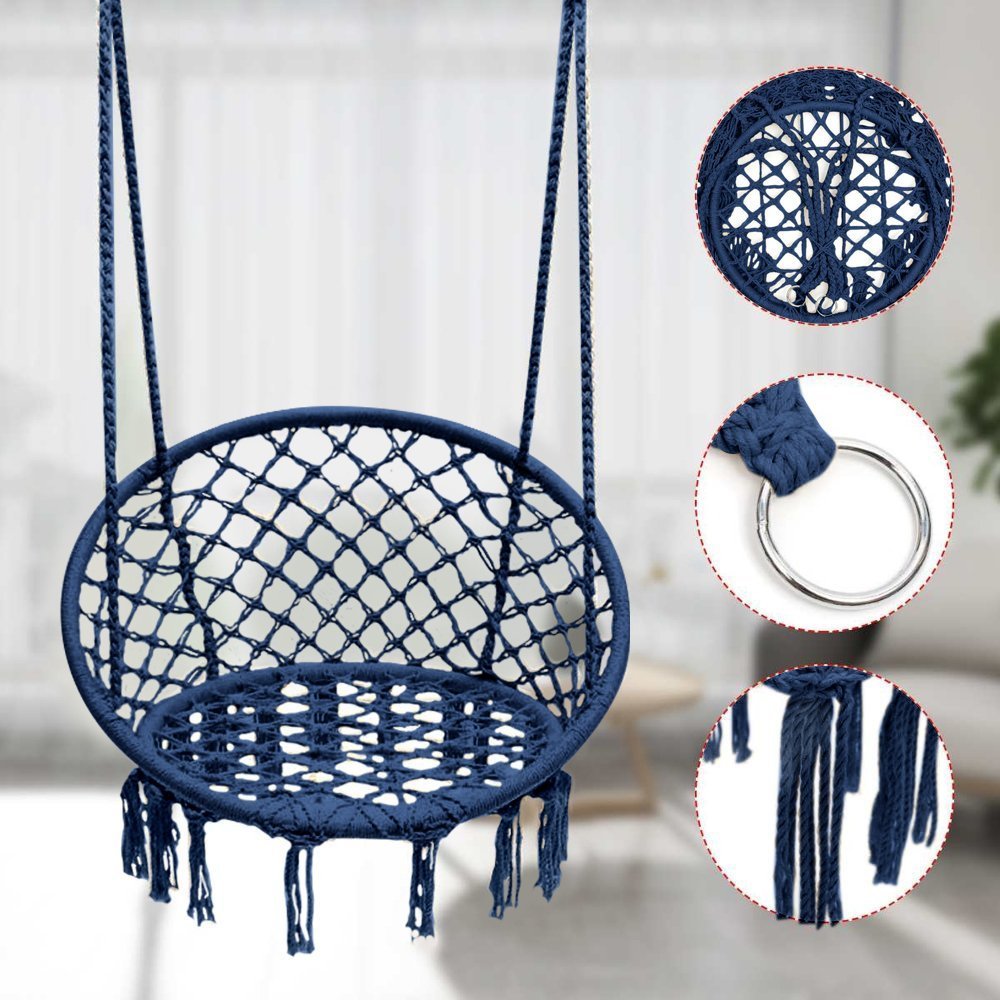 Leagan de Gradina Texty idealStore Albastru, Dimensiuni 120 x 80, Cadru din Otel, Cordon din Bumbac, Design Moder, Materiale Durabile si Rezistente, Sarcina Maxima 150kg