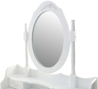 Set Masuta de Toaleta pentru machiaj cu oglinda si Scaun idealSORE, Dimensiuni 147 x 77 x 50 cm, Confectionat din lemn, MDF, Material tapiterie poliester, Include 4 sertare pentru depozitare, Culoare Alba