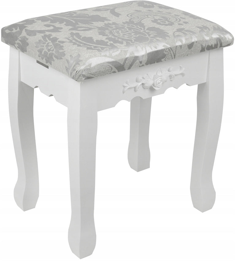 Set Masuta de Toaleta pentru machiaj cu oglinda si Scaun idealSORE, Dimensiuni 147 x 77 x 50 cm, Confectionat din lemn, MDF, Material tapiterie poliester, Include 4 sertare pentru depozitare, Culoare Alba