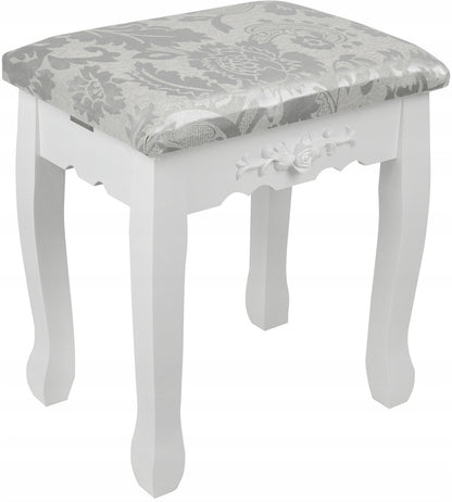 Set Masuta de Toaleta pentru machiaj cu oglinda si Scaun idealSORE, Dimensiuni 147 x 77 x 50 cm, Confectionat din lemn, MDF, Material tapiterie poliester, Include 4 sertare pentru depozitare, Culoare Alba