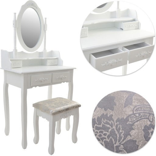 Set Masuta de Toaleta pentru machiaj cu oglinda si Scaun idealSORE, Dimensiuni 147 x 77 x 50 cm, Confectionat din lemn, MDF, Material tapiterie poliester, Include 4 sertare pentru depozitare, Culoare Alba
