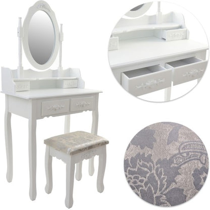 Set Masuta de Toaleta pentru machiaj cu oglinda si Scaun idealSORE, Dimensiuni 147 x 77 x 50 cm, Confectionat din lemn, MDF, Material tapiterie poliester, Include 4 sertare pentru depozitare, Culoare Alba