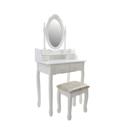 Set Masuta de Toaleta pentru machiaj cu oglinda si Scaun idealSORE, Dimensiuni 147 x 77 x 50 cm, Confectionat din lemn, MDF, Material tapiterie poliester, Include 4 sertare pentru depozitare, Culoare Alba