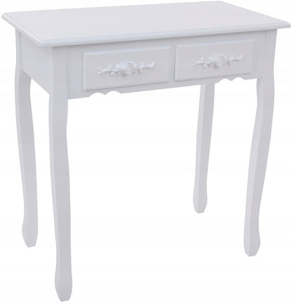 Set Masuta de Toaleta pentru machiaj cu oglinda si Scaun idealSORE, Dimensiuni 147 x 77 x 50 cm, Confectionat din lemn, MDF, Material tapiterie poliester, Include 4 sertare pentru depozitare, Culoare Alba