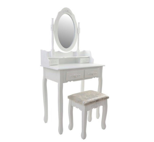 Set Masuta de Toaleta pentru machiaj cu oglinda si Scaun idealSORE, Dimensiuni 147 x 77 x 50 cm, Confectionat din lemn, MDF, Material tapiterie poliester, Include 4 sertare pentru depozitare, Culoare Alba