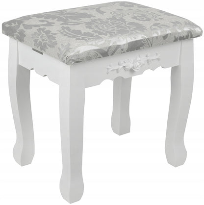 Set Masuta de Toaleta pentru machiaj cu oglinda si Scaun idealSORE, Dimensiuni 137 x 77 x 66 cm, Confectionat din lemn, MDF, Tapiterie poliester, Include 3 sertare spatioase, Culoare Alba