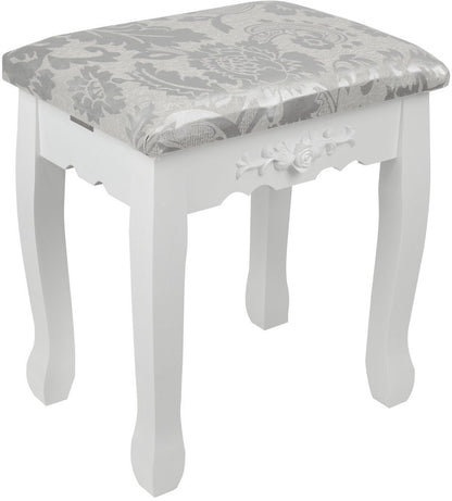 Set Masuta de Toaleta pentru machiaj cu oglinda si Scaun idealSORE, Dimensiuni 137 x 77 x 66 cm, Confectionat din lemn, MDF, Tapiterie poliester, Include 3 sertare spatioase, Culoare Alba