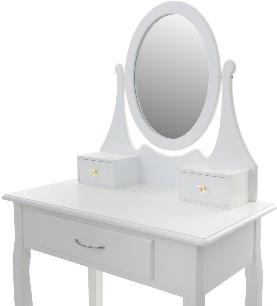 Set Masuta de Toaleta pentru machiaj cu oglinda si Scaun idealSORE, Dimensiuni 137 x 77 x 66 cm, Confectionat din lemn, MDF, Tapiterie poliester, Include 3 sertare spatioase, Culoare Alba