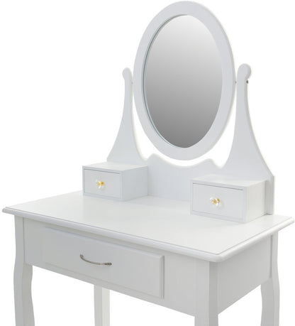 Set Masuta de Toaleta pentru machiaj cu oglinda si Scaun idealSORE, Dimensiuni 137 x 77 x 66 cm, Confectionat din lemn, MDF, Tapiterie poliester, Include 3 sertare spatioase, Culoare Alba