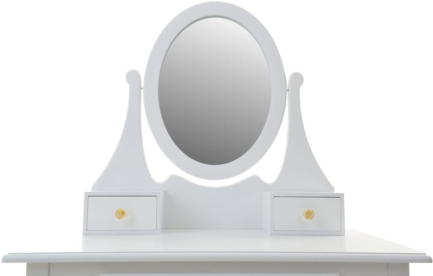 Set Masuta de Toaleta pentru machiaj cu oglinda si Scaun idealSORE, Dimensiuni 137 x 77 x 66 cm, Confectionat din lemn, MDF, Tapiterie poliester, Include 3 sertare spatioase, Culoare Alba