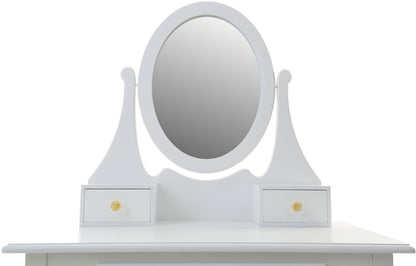 Set Masuta de Toaleta pentru machiaj cu oglinda si Scaun idealSORE, Dimensiuni 137 x 77 x 66 cm, Confectionat din lemn, MDF, Tapiterie poliester, Include 3 sertare spatioase, Culoare Alba