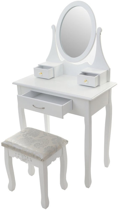 Set Masuta de Toaleta pentru machiaj cu oglinda si Scaun idealSORE, Dimensiuni 137 x 77 x 66 cm, Confectionat din lemn, MDF, Tapiterie poliester, Include 3 sertare spatioase, Culoare Alba