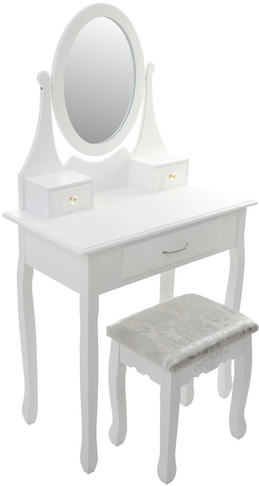 Set Masuta de Toaleta pentru machiaj cu oglinda si Scaun idealSORE, Dimensiuni 137 x 77 x 66 cm, Confectionat din lemn, MDF, Tapiterie poliester, Include 3 sertare spatioase, Culoare Alba