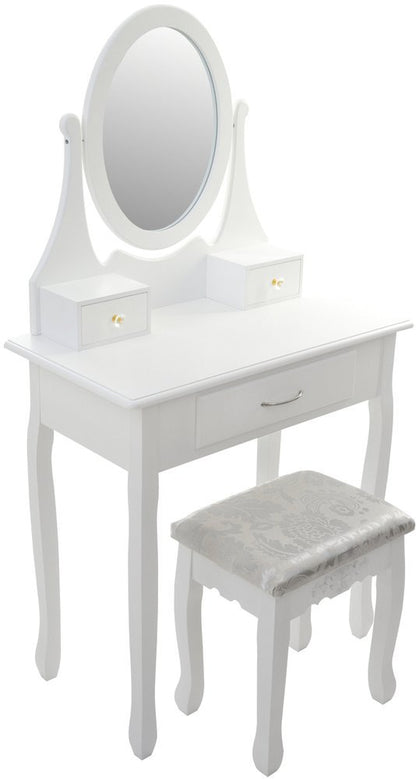 Set Masuta de Toaleta pentru machiaj cu oglinda si Scaun idealSORE, Dimensiuni 137 x 77 x 66 cm, Confectionat din lemn, MDF, Tapiterie poliester, Include 3 sertare spatioase, Culoare Alba