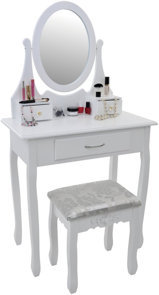 Set Masuta de Toaleta pentru machiaj cu oglinda si Scaun idealSORE, Dimensiuni 137 x 77 x 66 cm, Confectionat din lemn, MDF, Tapiterie poliester, Include 3 sertare spatioase, Culoare Alba