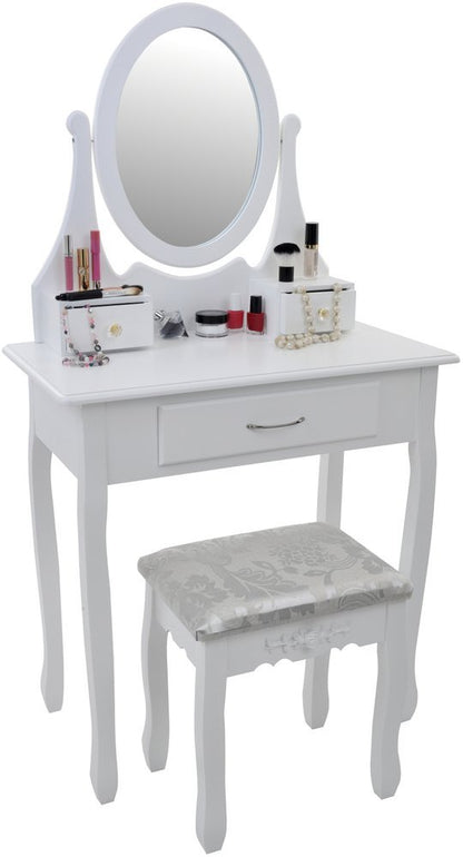 Set Masuta de Toaleta pentru machiaj cu oglinda si Scaun idealSORE, Dimensiuni 137 x 77 x 66 cm, Confectionat din lemn, MDF, Tapiterie poliester, Include 3 sertare spatioase, Culoare Alba