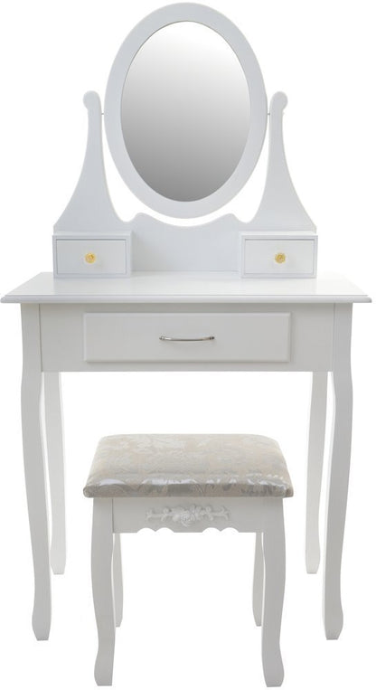 Set Masuta de Toaleta pentru machiaj cu oglinda si Scaun idealSORE, Dimensiuni 137 x 77 x 66 cm, Confectionat din lemn, MDF, Tapiterie poliester, Include 3 sertare spatioase, Culoare Alba