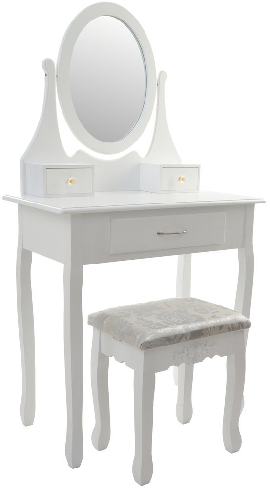 Set Masuta de Toaleta pentru machiaj cu oglinda si Scaun idealSORE, Dimensiuni 137 x 77 x 66 cm, Confectionat din lemn, MDF, Tapiterie poliester, Include 3 sertare spatioase, Culoare Alba