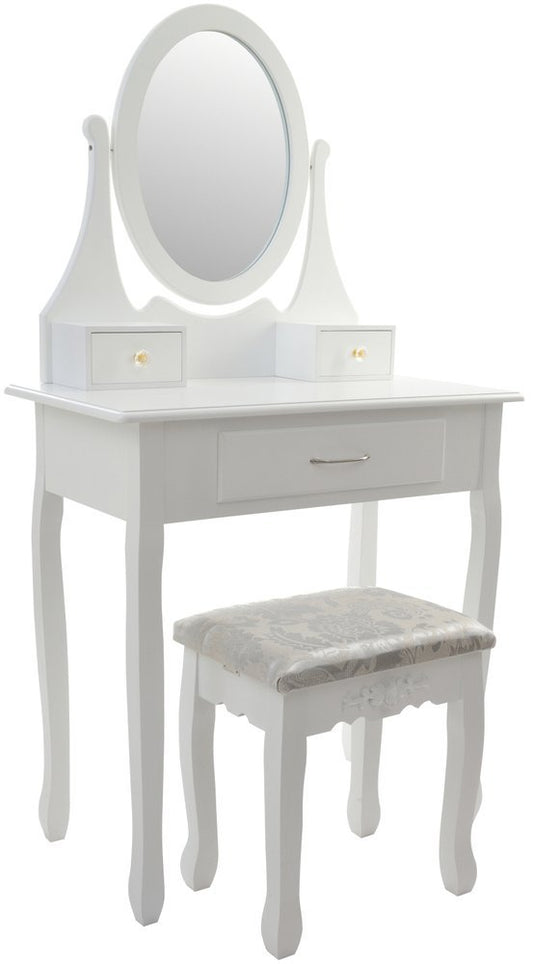 Set Masuta de Toaleta pentru machiaj cu oglinda si Scaun idealSORE, Dimensiuni 137 x 77 x 66 cm, Confectionat din lemn, MDF, Tapiterie poliester, Include 3 sertare spatioase, Culoare Alba