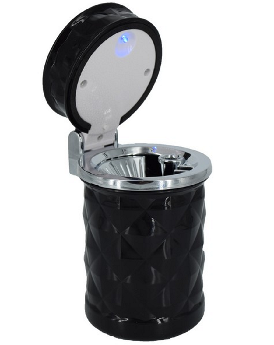 Scrumiera Auto Rotunda, Iluminare LED, Prindere 2in1: Grila, Ventilatie sau Suport Pahar, Negru, 1