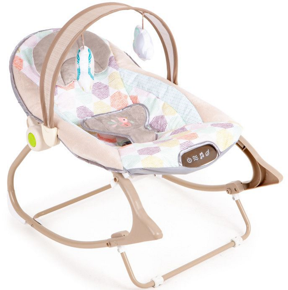 Balansoar Multifunctional Baby Funny idealSTORE, Echipat cu o Saltea Moale, O Bara cu 2 Jucarii, Centuri de Siguranta in 3 Puncte, Panou cu Vivratii si Cantece pentru Adormit, Permite Blocarea Balansului, Husa Detasabila, 0-18 Kg