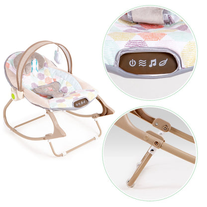 Balansoar Multifunctional Baby Funny idealSTORE, Echipat cu o Saltea Moale, O Bara cu 2 Jucarii, Centuri de Siguranta in 3 Puncte, Panou cu Vivratii si Cantece pentru Adormit, Permite Blocarea Balansului, Husa Detasabila, 0-18 Kg