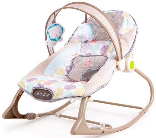 Balansoar Multifunctional Baby Funny idealSTORE, Echipat cu o Saltea Moale, O Bara cu 2 Jucarii, Centuri de Siguranta in 3 Puncte, Panou cu Vivratii si Cantece pentru Adormit, Permite Blocarea Balansului, Husa Detasabila, 0-18 Kg