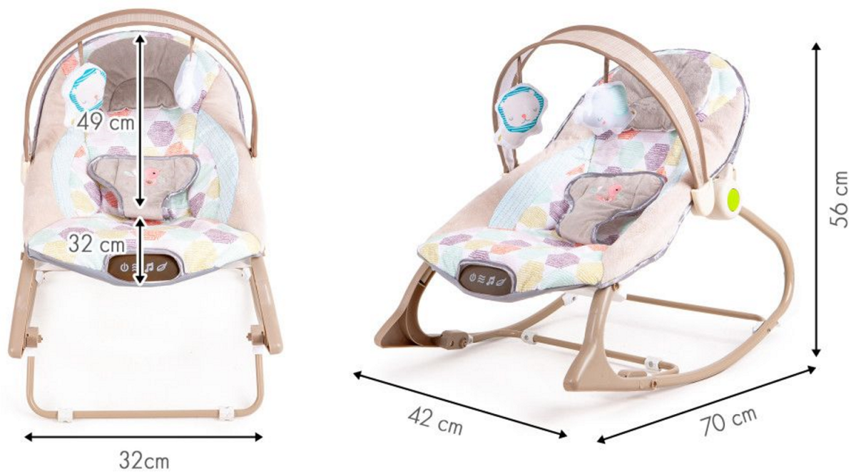 Balansoar Multifunctional Baby Funny idealSTORE, Echipat cu o Saltea Moale, O Bara cu 2 Jucarii, Centuri de Siguranta in 3 Puncte, Panou cu Vivratii si Cantece pentru Adormit, Permite Blocarea Balansului, Husa Detasabila, 0-18 Kg