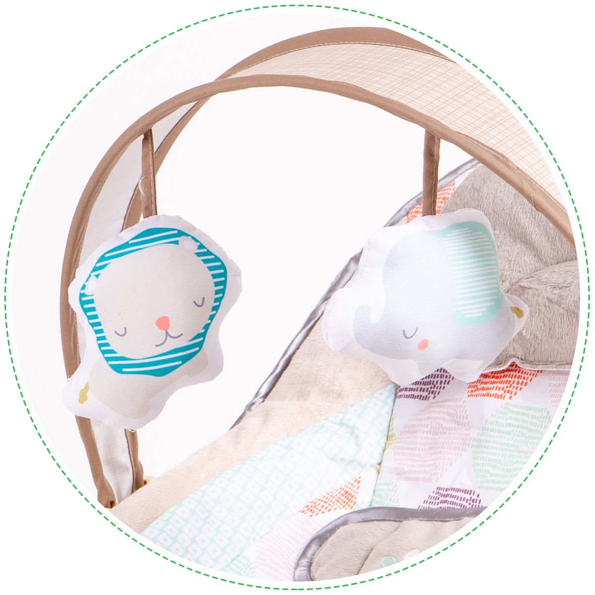 Balansoar Multifunctional Baby Funny idealSTORE, Echipat cu o Saltea Moale, O Bara cu 2 Jucarii, Centuri de Siguranta in 3 Puncte, Panou cu Vivratii si Cantece pentru Adormit, Permite Blocarea Balansului, Husa Detasabila, 0-18 Kg