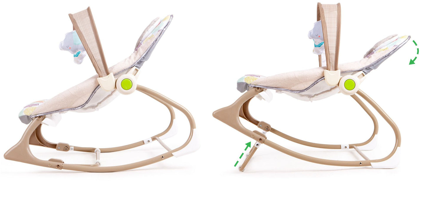 Balansoar Multifunctional Baby Funny idealSTORE, Echipat cu o Saltea Moale, O Bara cu 2 Jucarii, Centuri de Siguranta in 3 Puncte, Panou cu Vivratii si Cantece pentru Adormit, Permite Blocarea Balansului, Husa Detasabila, 0-18 Kg