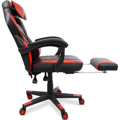 Scaun Gaming Reglabil cu mecanism TILT Office Gaming ON idealStore, Suport pentru Picioare Retractabil, Perna Confortabila, Piele Ecologica Posibilitatea modificarii unghiului spatarului, Rosu-Negru