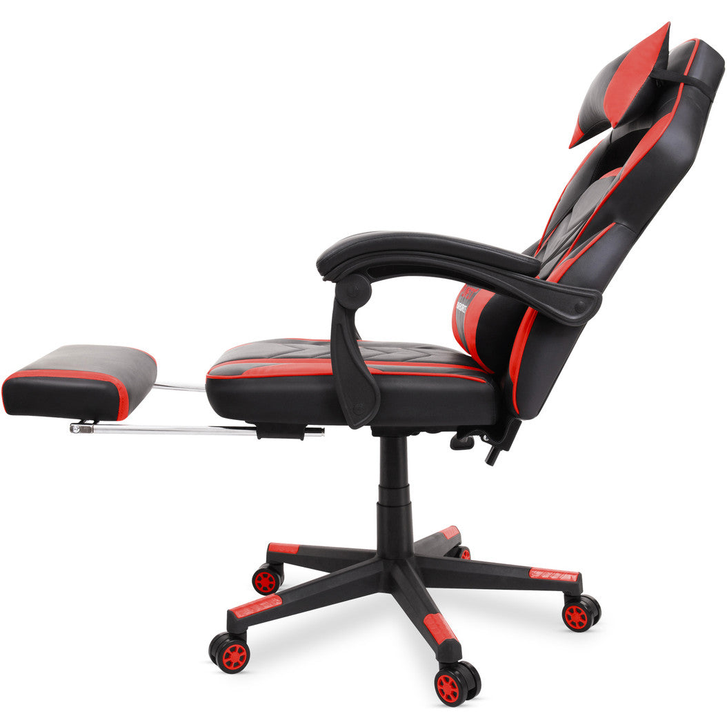 Scaun Gaming Reglabil cu mecanism TILT Office Gaming ON idealStore, Suport pentru Picioare Retractabil, Perna Confortabila, Piele Ecologica Posibilitatea modificarii unghiului spatarului, Rosu-Negru