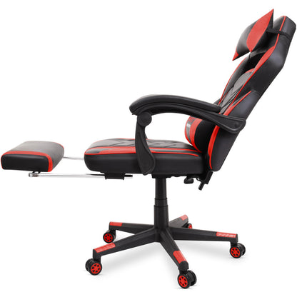 Scaun Gaming Reglabil cu mecanism TILT Office Gaming ON idealStore, Suport pentru Picioare Retractabil, Perna Confortabila, Piele Ecologica Posibilitatea modificarii unghiului spatarului, Rosu-Negru