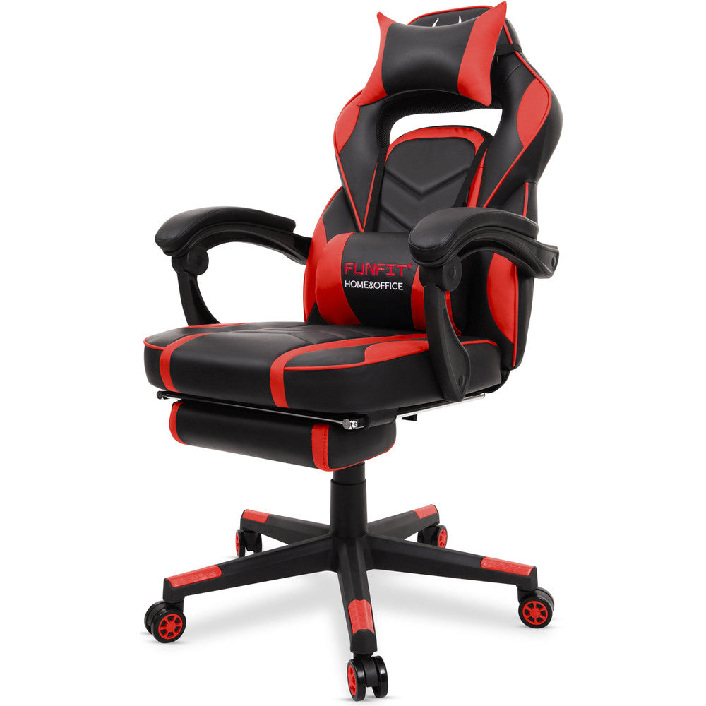 Scaun Gaming Reglabil cu mecanism TILT Office Gaming ON idealStore, Suport pentru Picioare Retractabil, Perna Confortabila, Piele Ecologica Posibilitatea modificarii unghiului spatarului, Rosu-Negru