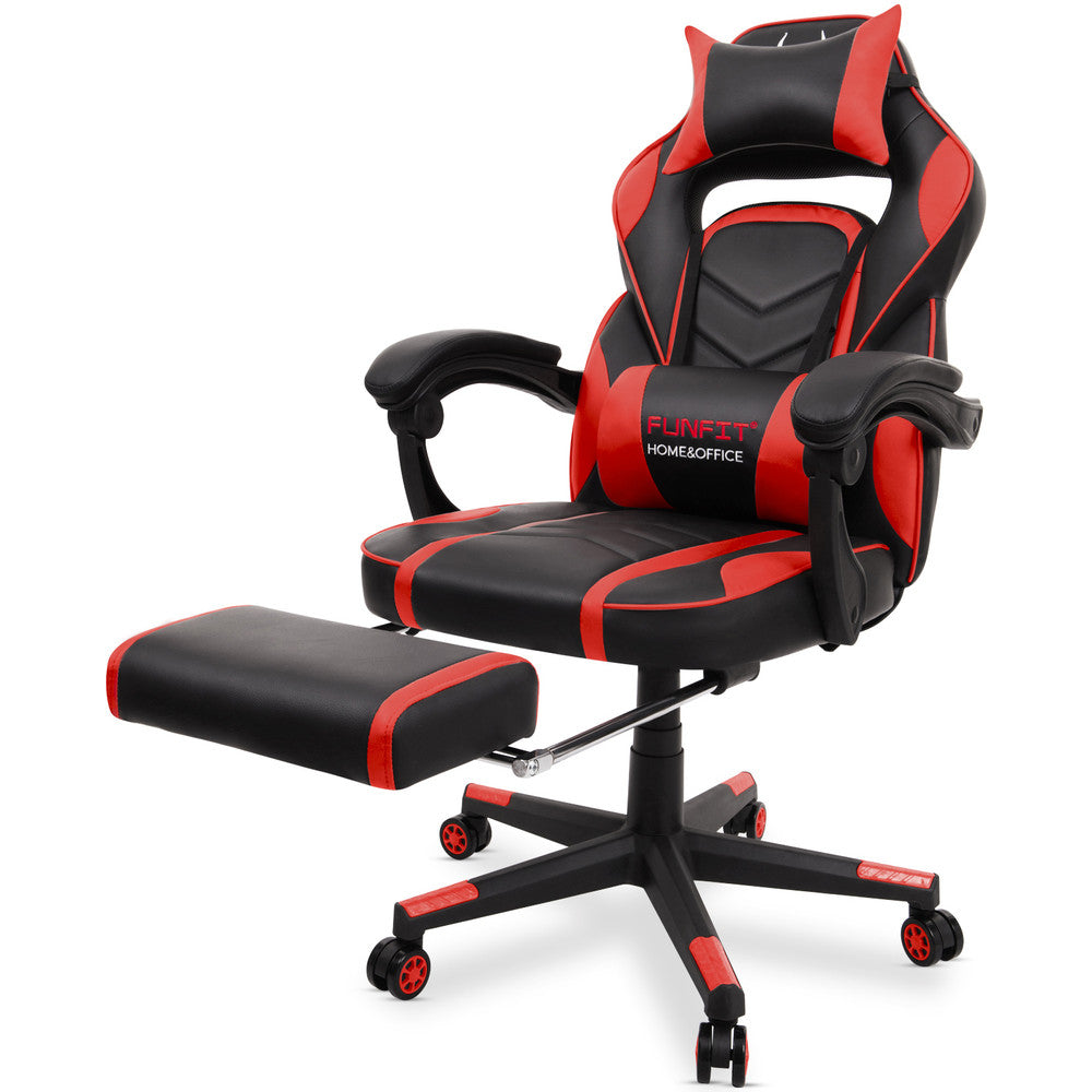 Scaun Gaming Reglabil cu mecanism TILT Office Gaming ON idealStore, Suport pentru Picioare Retractabil, Perna Confortabila, Piele Ecologica Posibilitatea modificarii unghiului spatarului, Rosu-Negru