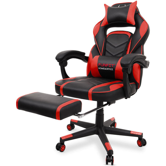 Scaun Gaming Reglabil cu mecanism TILT Office Gaming ON idealStore, Suport pentru Picioare Retractabil, Perna Confortabila, Piele Ecologica Posibilitatea modificarii unghiului spatarului, Rosu-Negru