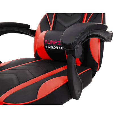 Scaun Gaming Reglabil cu mecanism TILT Office Gaming ON idealStore, Suport pentru Picioare Retractabil, Perna Confortabila, Piele Ecologica Posibilitatea modificarii unghiului spatarului, Rosu-Negru