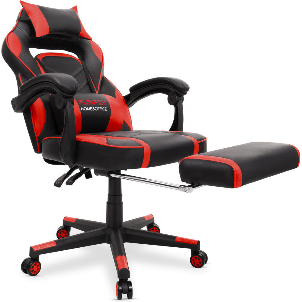 Scaun Gaming Reglabil cu mecanism TILT Office Gaming ON idealStore, Suport pentru Picioare Retractabil, Perna Confortabila, Piele Ecologica Posibilitatea modificarii unghiului spatarului, Rosu-Negru